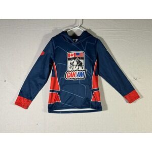 Can/Am Hockey Youth Large Hoodie Navy Blue Red Graphic Performance Sweatshirt